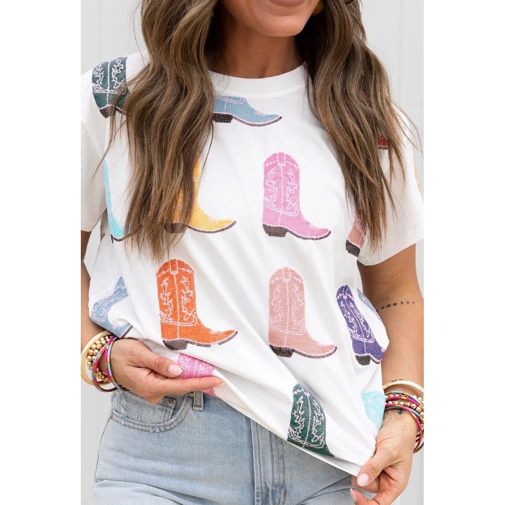 Queen of Sparkles Wild West Cowboy Boot Tee Women S Sequin White Western
